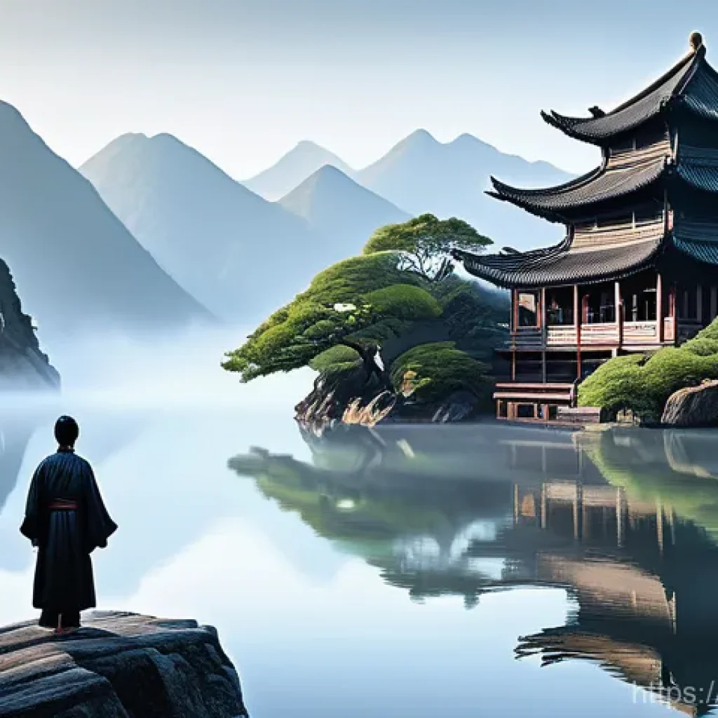 도교의 세계적 영향 - A serene East Asian landscape painting depicting a traditional Taoist temple nestled amongst misty m...