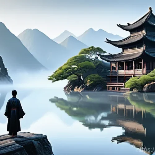 Home 11 도교의 세계적 영향 - A serene East Asian landscape painting depicting a traditional Taoist temple nestled amongst misty m...