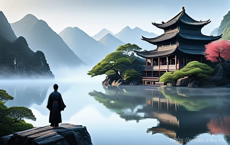 도교의 세계적 영향 - A serene East Asian landscape painting depicting a traditional Taoist temple nestled amongst misty m...